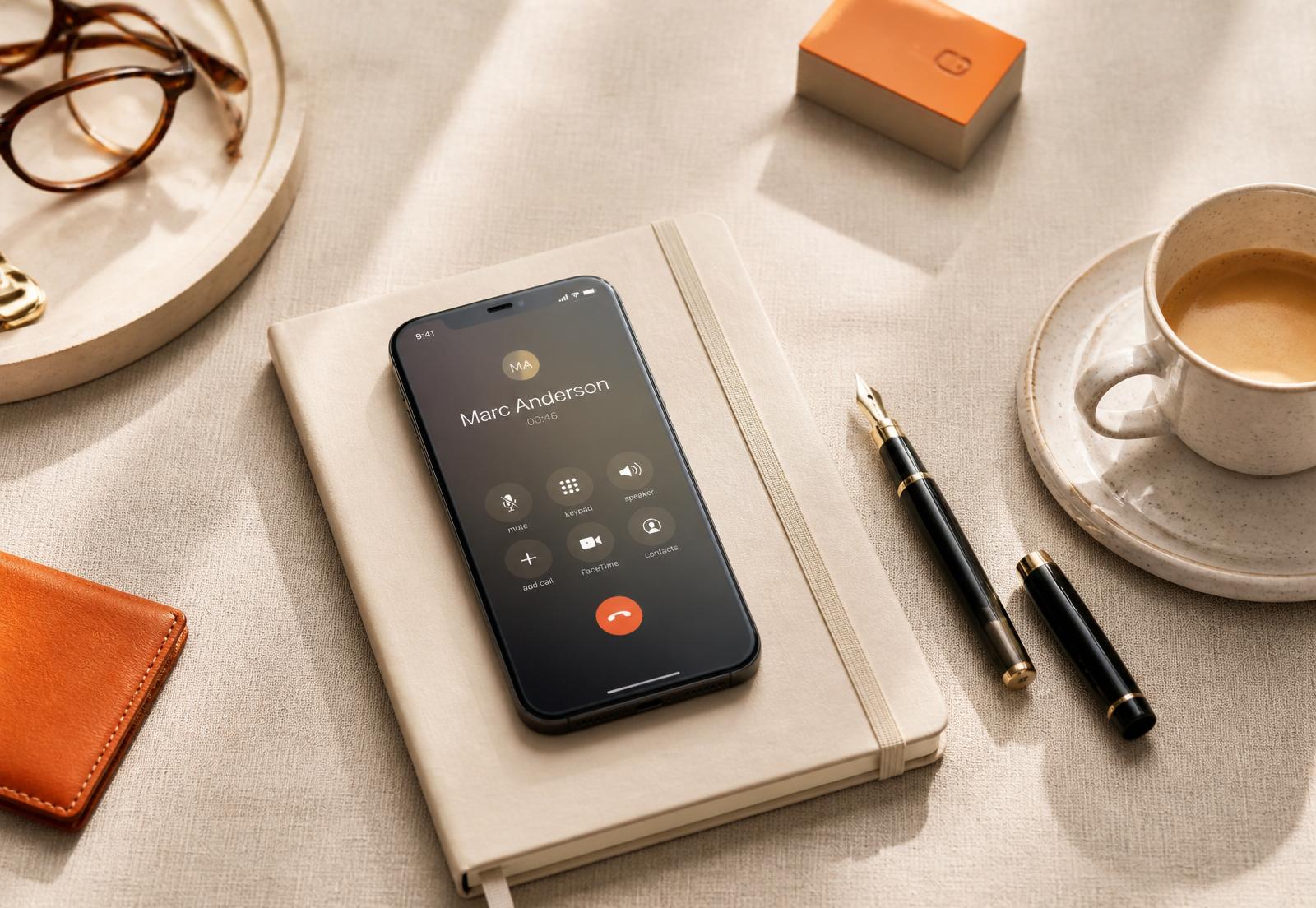 Smartphone im Anruf mit Notizbuch und Espresso – Arbeitsplatz für B2B-Kaltakquise bei APD Advisory
